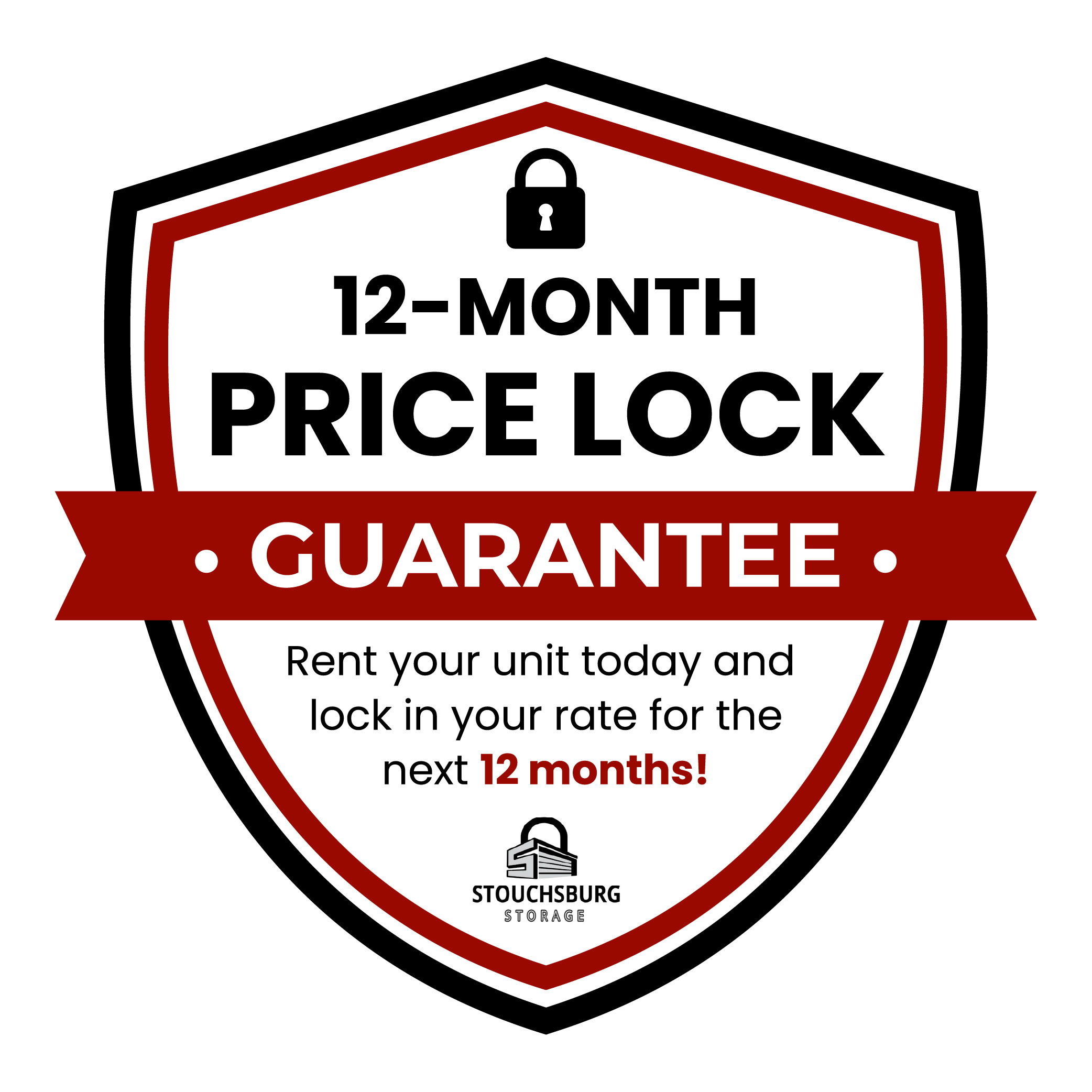 Badge reading '12-Month PRICE LOCK GUARANTEE' with a lock icon and storage company logo (promotional badge).